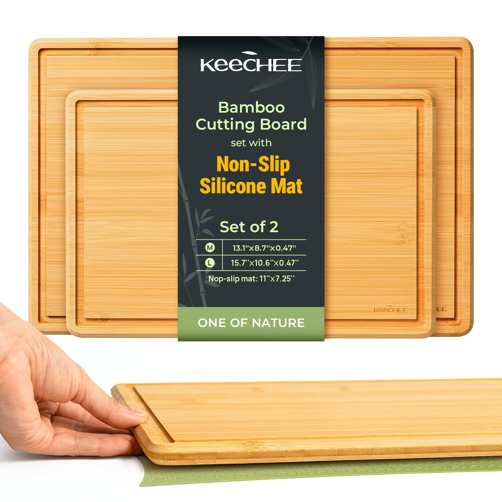 Keechee 2Pcs Cutting Board with Non-slip Mat, Cutting Boards for Kitchen Meal Prep & Serving - Serving Board Sets with Deep Juice Groove Ideal Kitchen Gifts