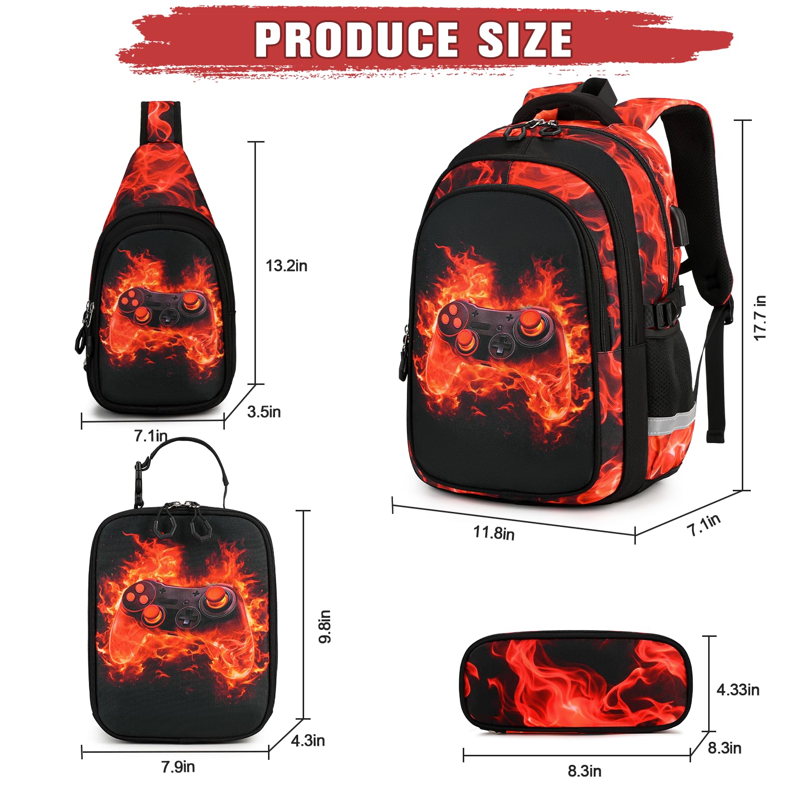 Similove Backpack for Boys, 4PCS Cool Flame School Bags image 2