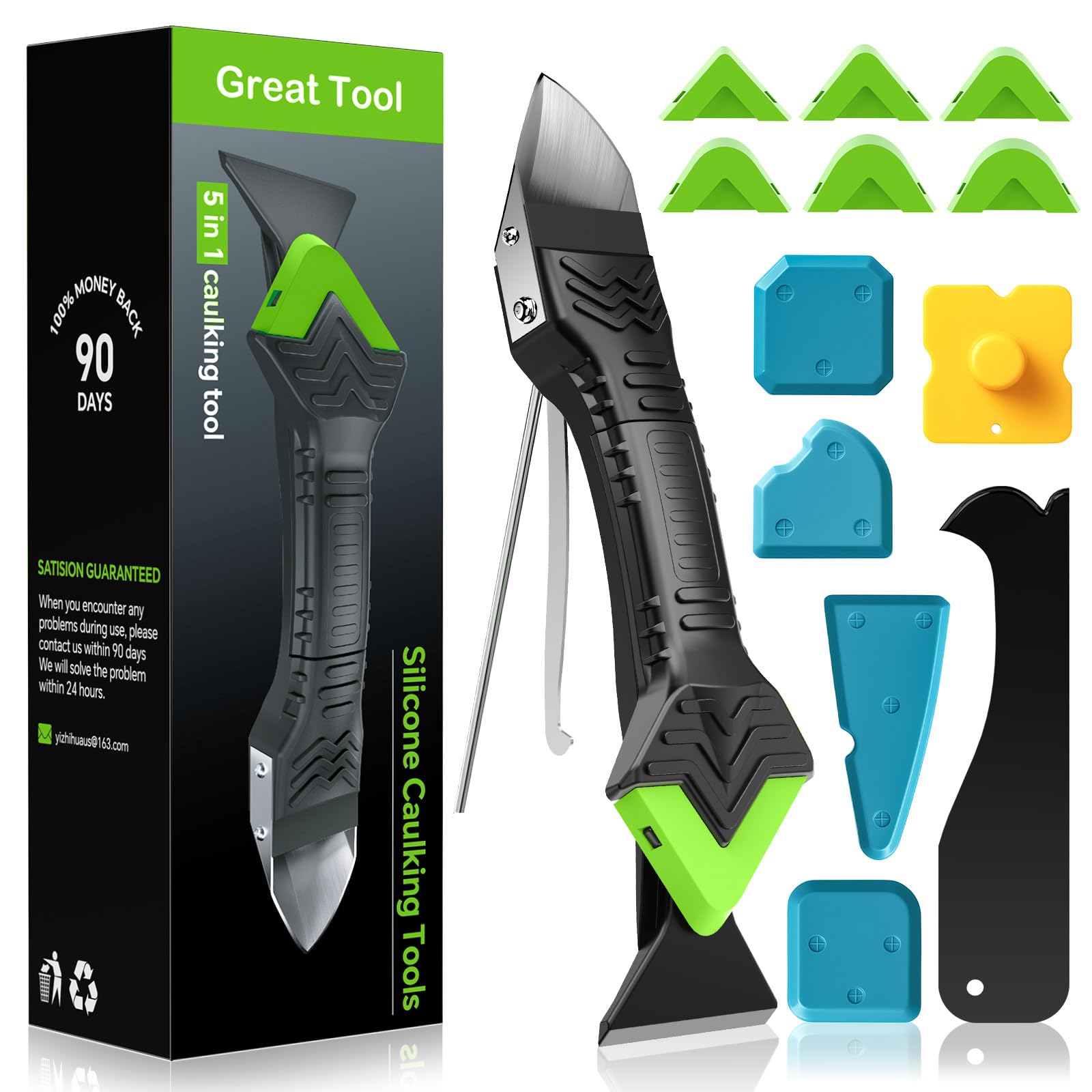 Goopreen 5-in-1 caulking tool showing stainless steel head, six replaceable pads
