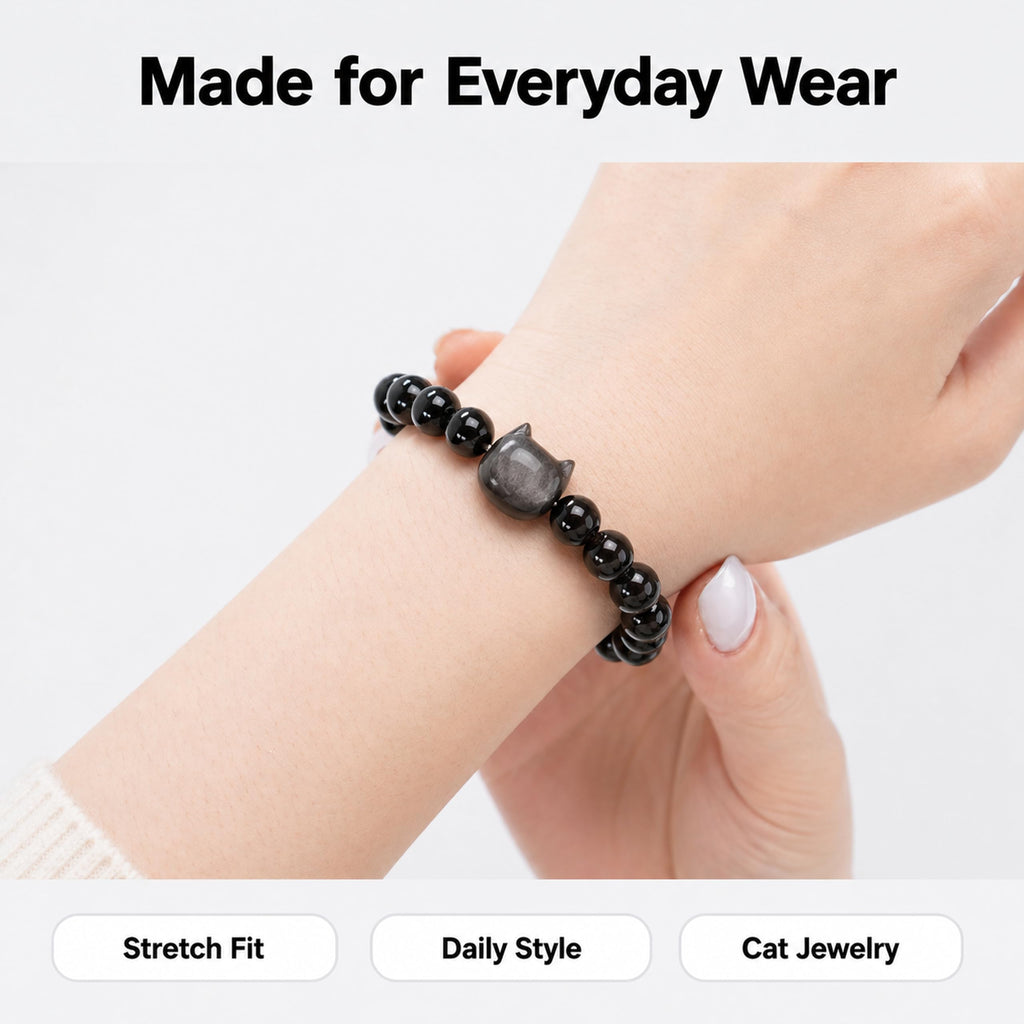 Cat Bracelets for Women,Money Attraction,Black Obsidian,Cat Gifts image 2