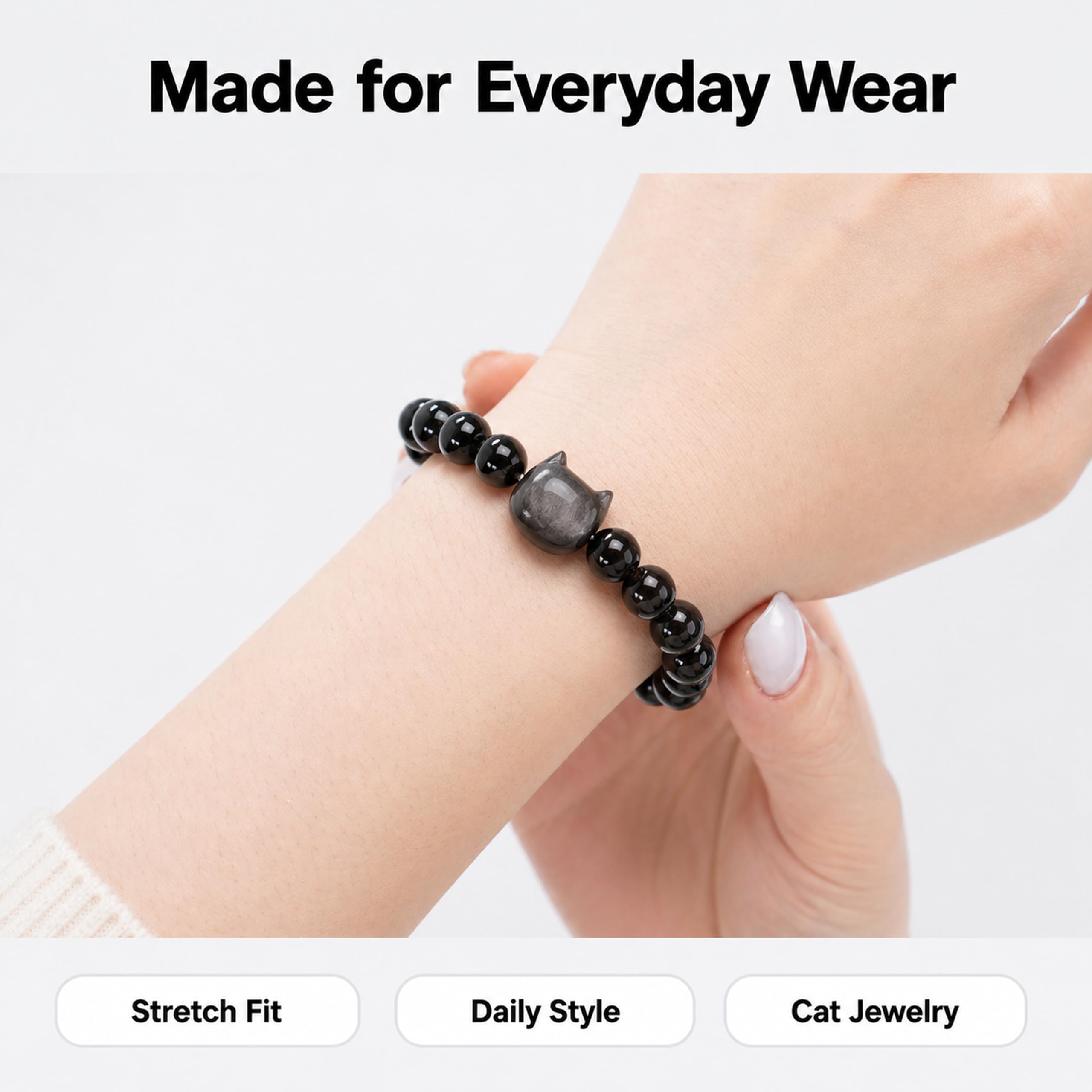 Cat Bracelets for Women,Money Attraction,Black Obsidian,Cat Gifts image 2