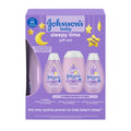 Johnson's Baby Sleepy Time 3-piece gift set showing bedtime wash, lotion, and baby oil in retail packaging
