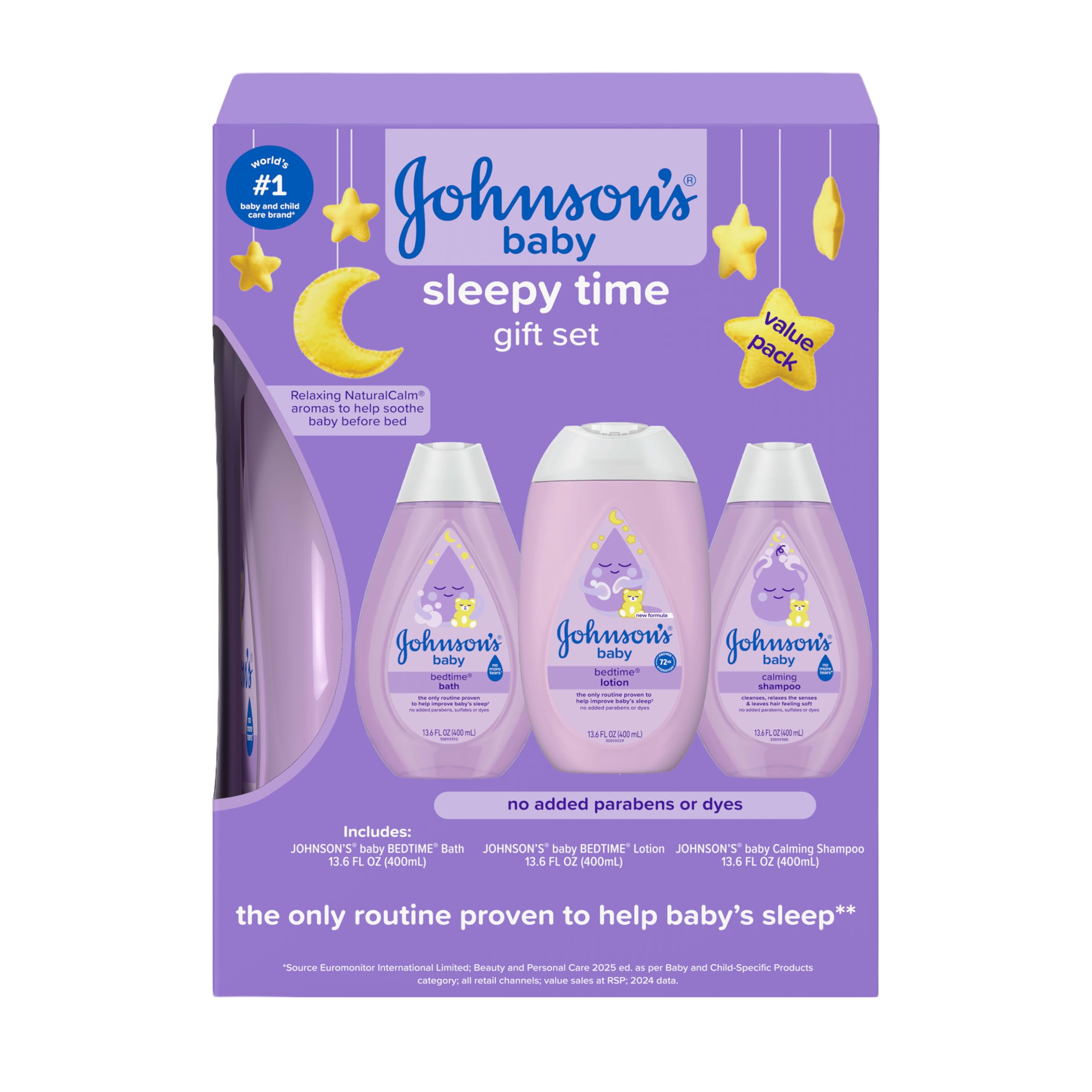 Johnson's Baby Sleepy Time 3-piece gift set showing bedtime wash, lotion, and baby oil in retail packaging