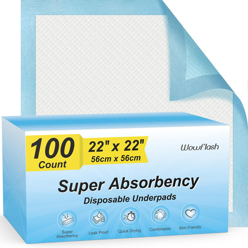 Stack of Wowflash 22 x 22 white disposable super absorbent underpads