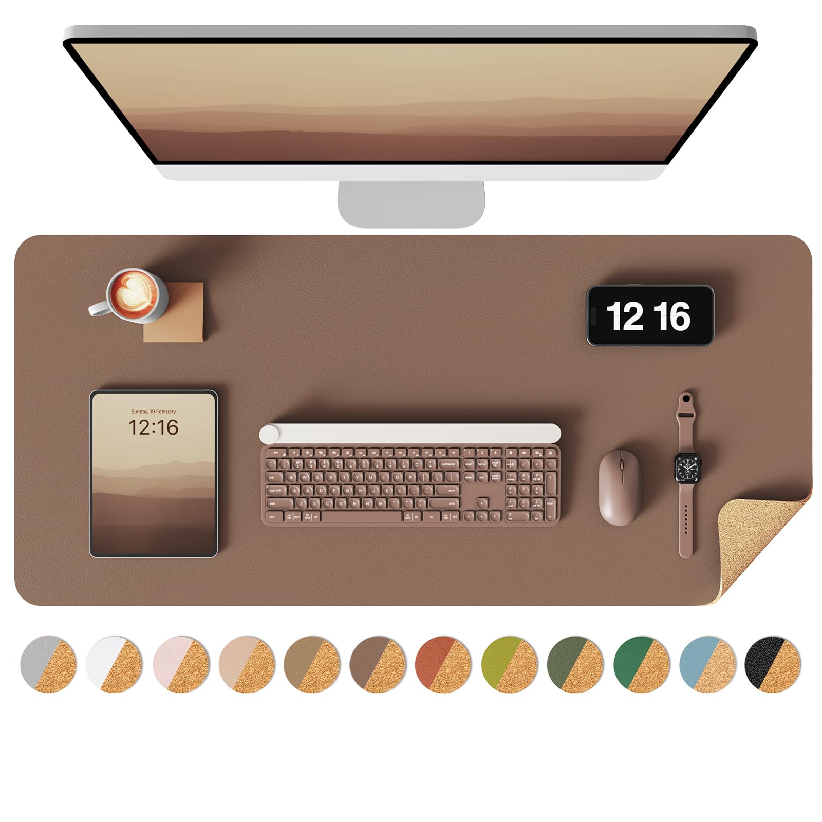 YSAGi double-sided leather and eco cork desk pad in coffee color, 31.5 x 15.7 inches