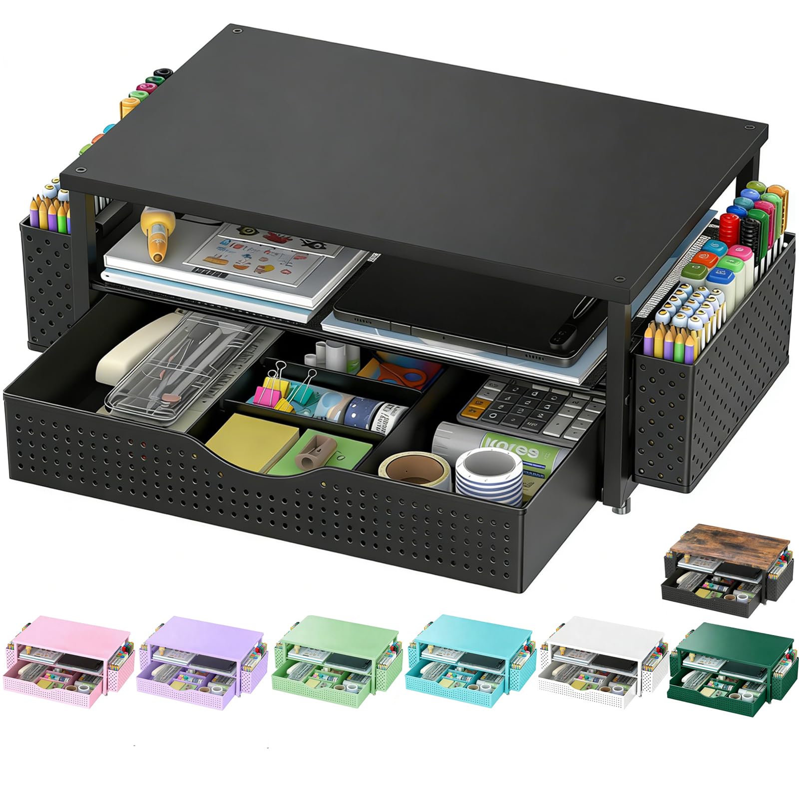 Black Spacrea printer stand with storage compartments on desk