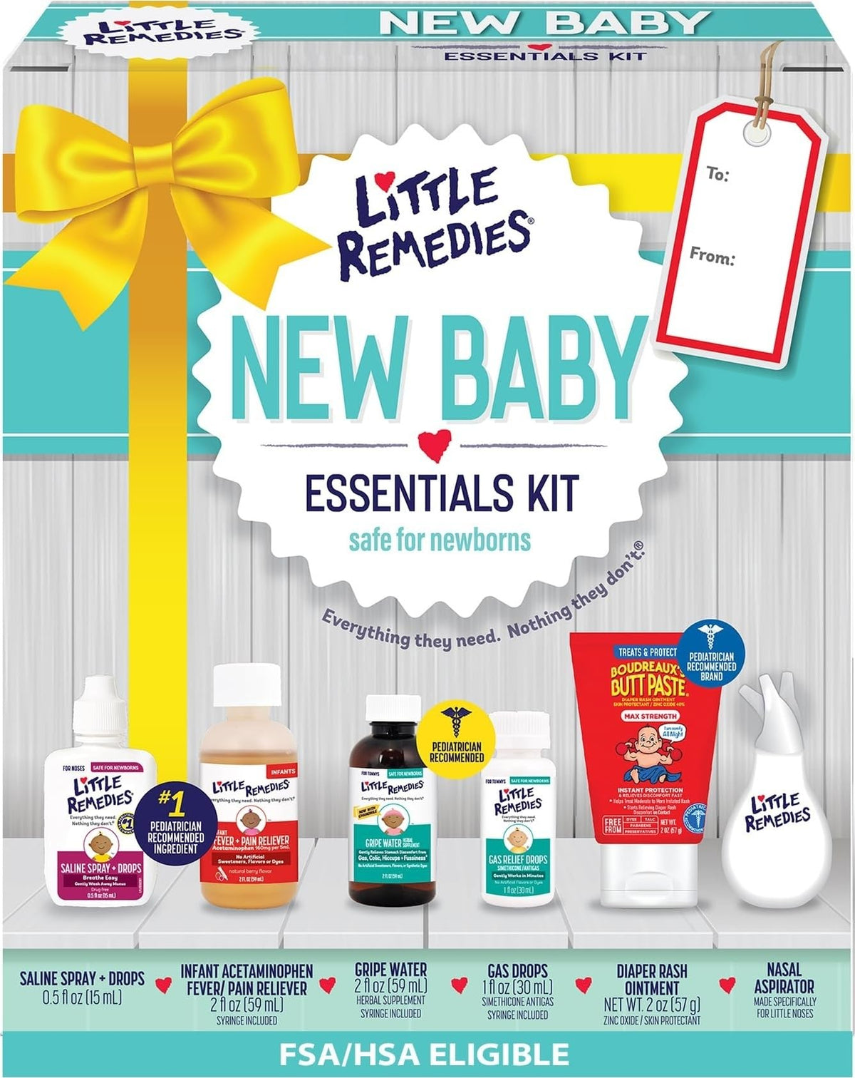 Little Remedies 6-in-1 baby essentials kit with multiple newborn care items in packaging