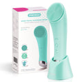 Green PRITECH silicone facial cleansing brush showing vibrating pads and heat massage tip