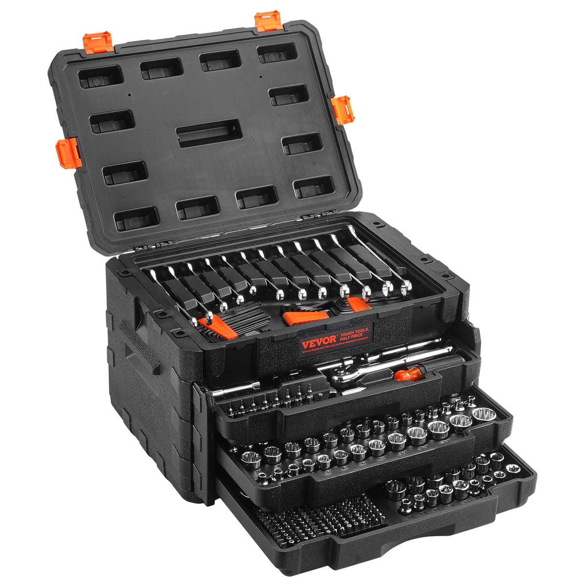 VEVOR 450-piece mechanics tool kit case open showing sockets, ratchets and extensions