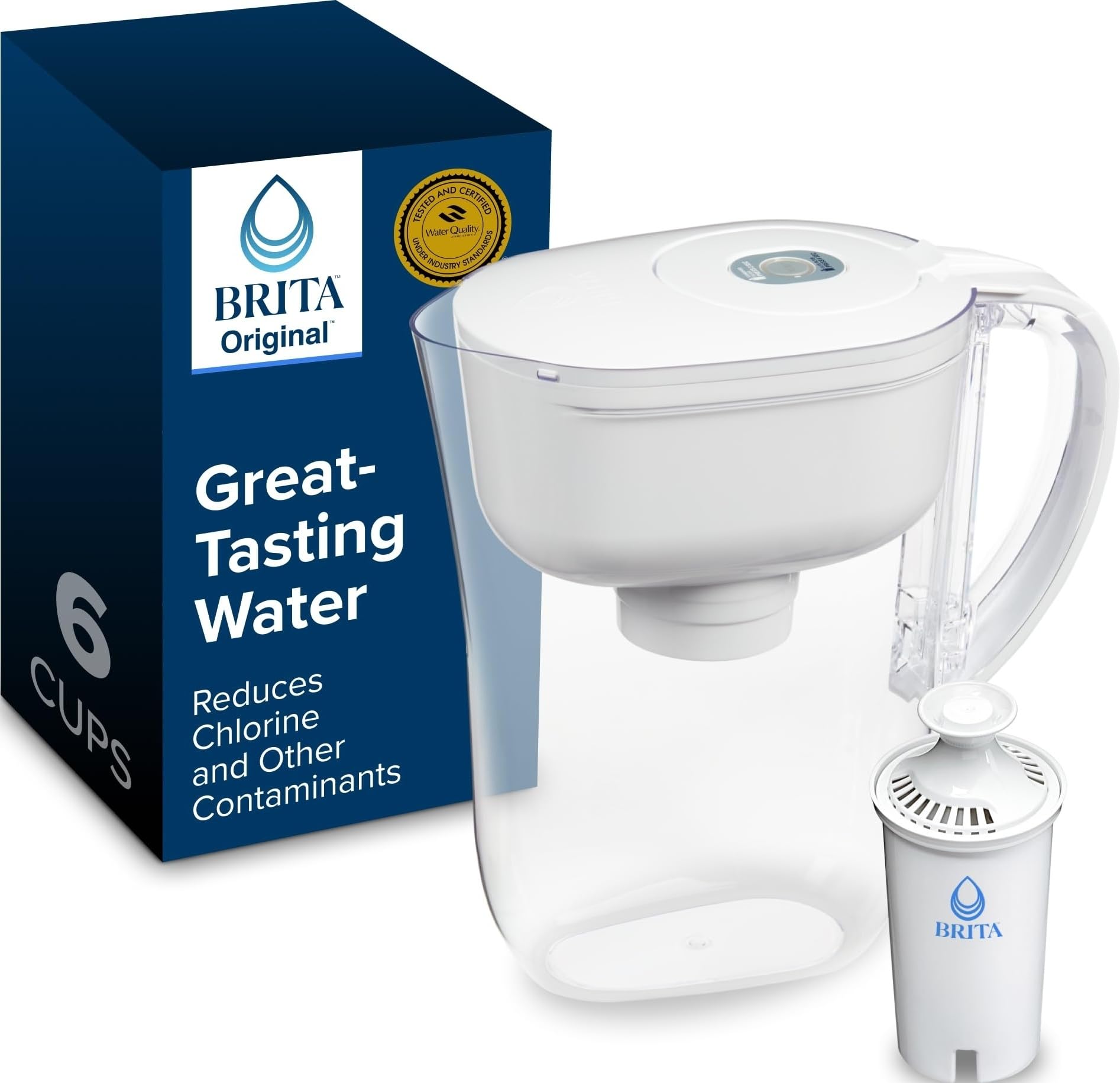 White BRITA 6-cup water filter pitcher, single filter cartridge visible