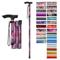 Purple floral folding walking cane with T-handle and wrist strap, adjustable height
