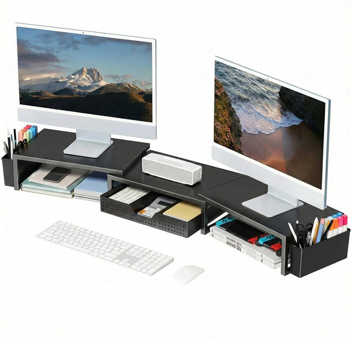 OPNICE Desk Organizers and Accessories, Dual Monitor Stand Riser with Drawer and 2 Pen Holders, Desk Shelf Computer Racks & Printer Stand for Office Workspace Organizers, Desktop Organization (Black)