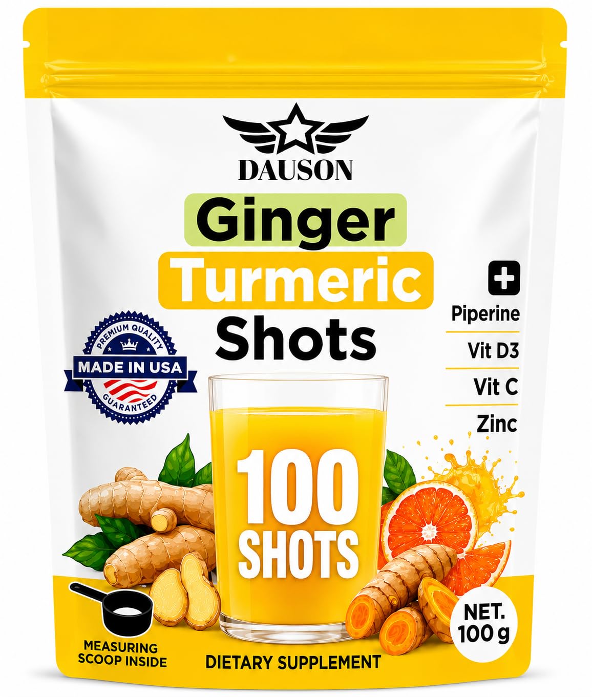 DAUSON Ginger Turmeric Shots powder sachet and measuring scoop