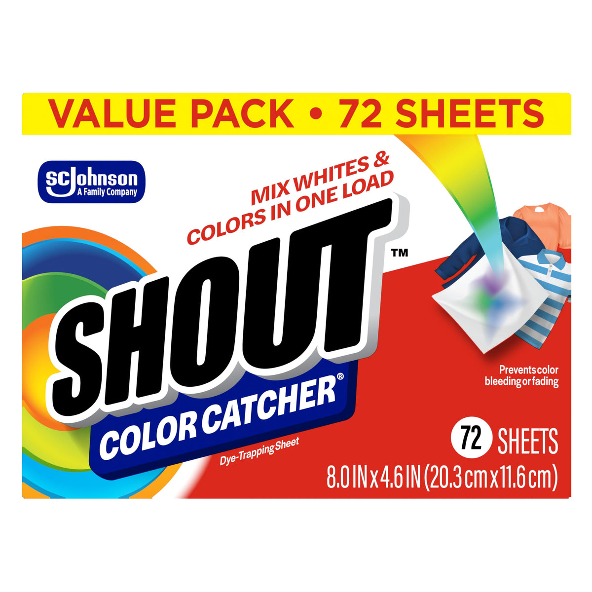 Box of SHOUT Color Catcher dye-trapping laundry sheets, 72 count