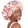 Double-layer satin sleep bonnet with adjustable elastic band and smooth shiny fabric