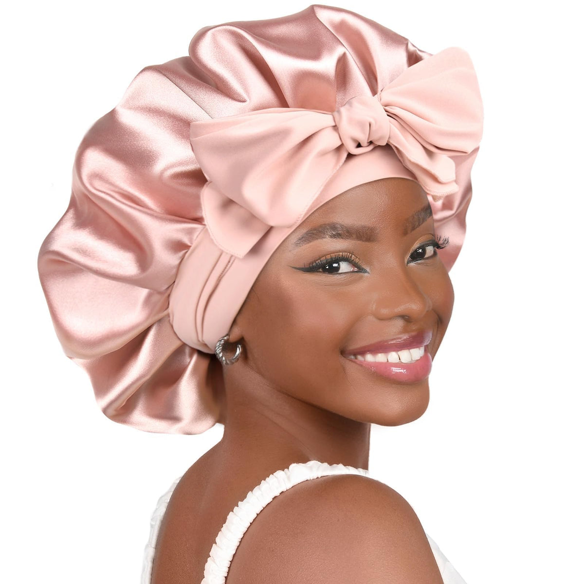 Double-layer satin sleep bonnet with adjustable elastic band and smooth shiny fabric