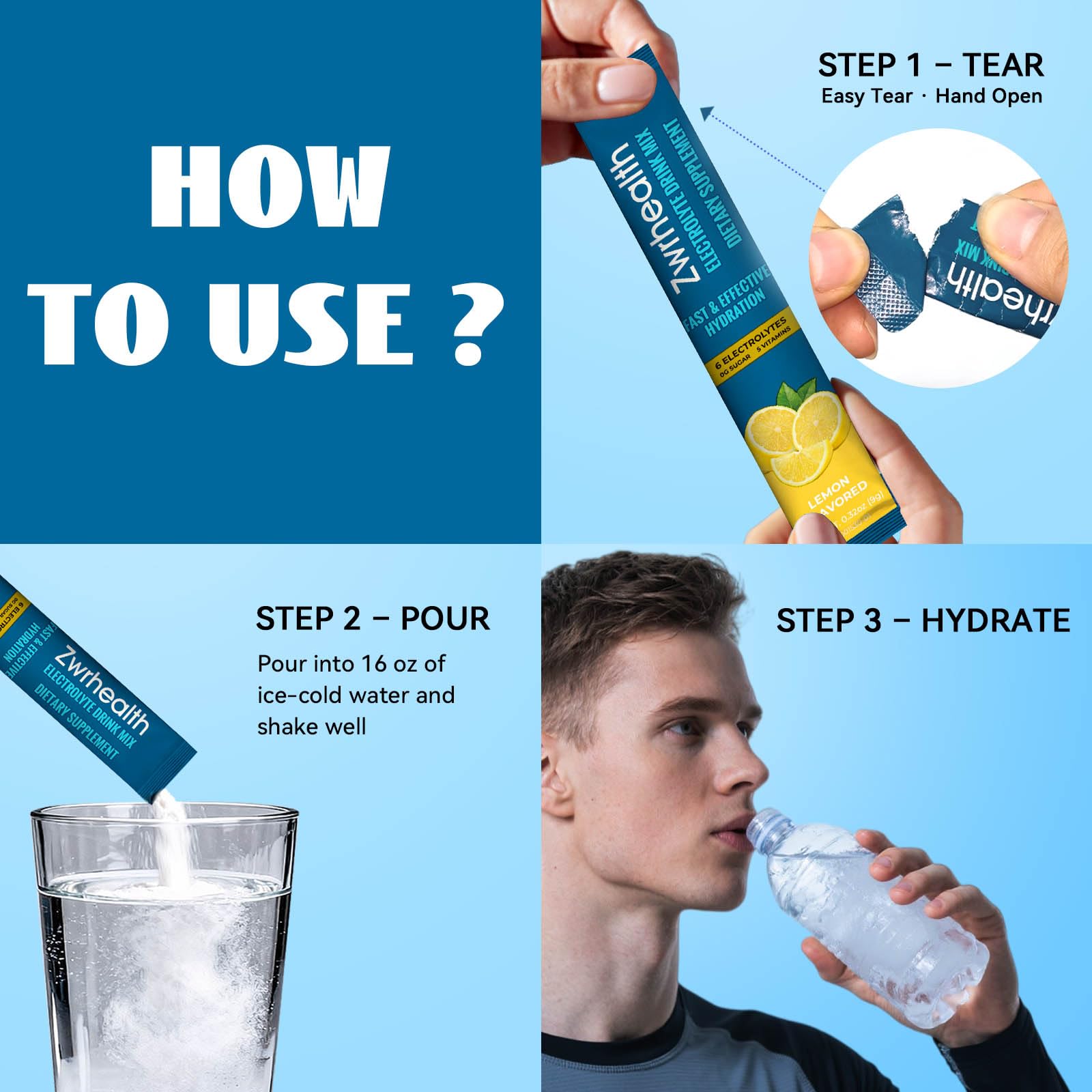Zwrhealth Electrolytes Powder Packets, Sugar Free Hydration Packets, 4 Flavors Liquid Daily IV Electrolyte Drink Mix, Instantly Hydrating & Party Recovery with 6 Electrolytes & 5 Vitamins, 16 Servings image 2