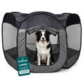 Gray FurHaven soft-sided foldable pet playpen with mesh windows and zippered door, large