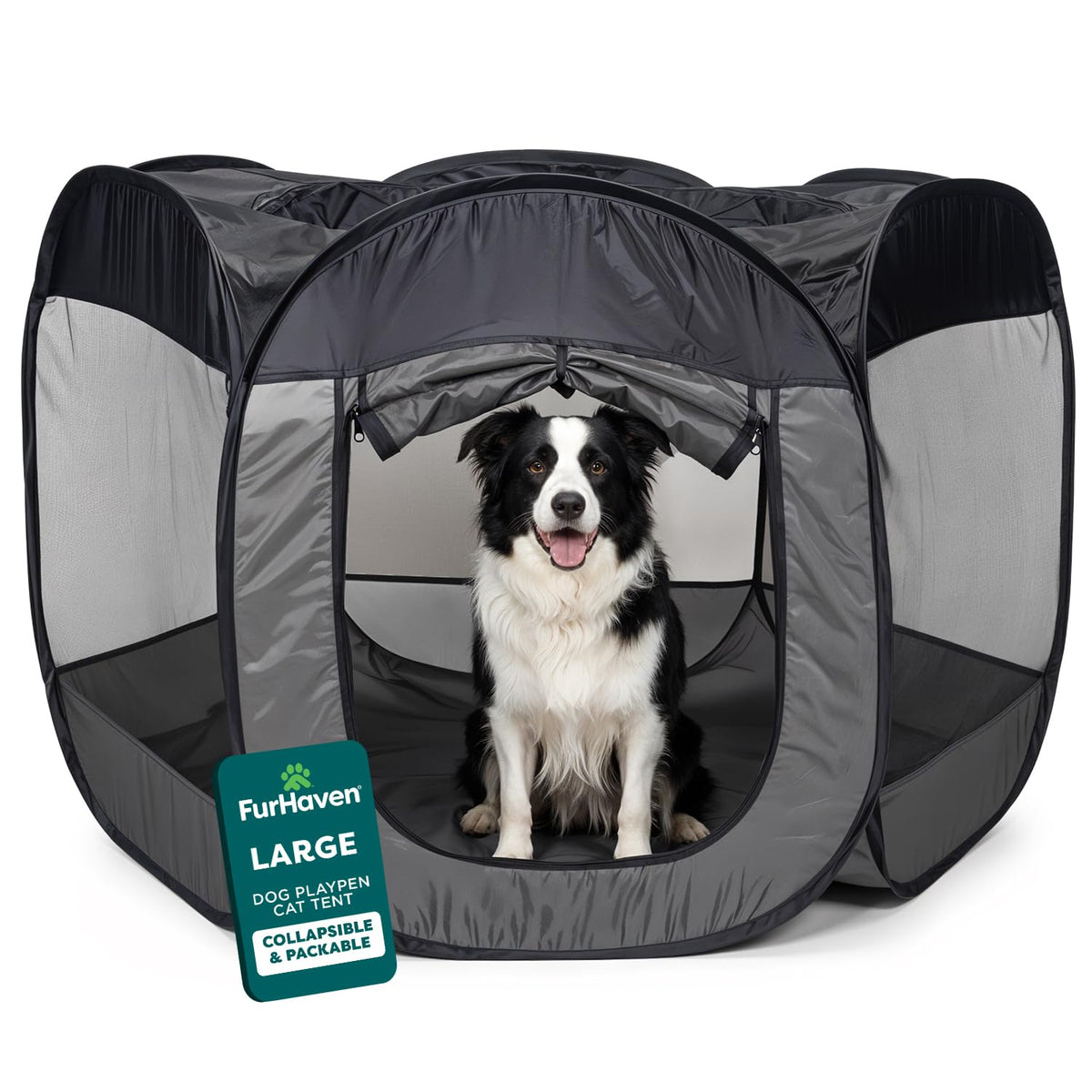 Gray FurHaven soft-sided foldable pet playpen with mesh windows and zippered door, large