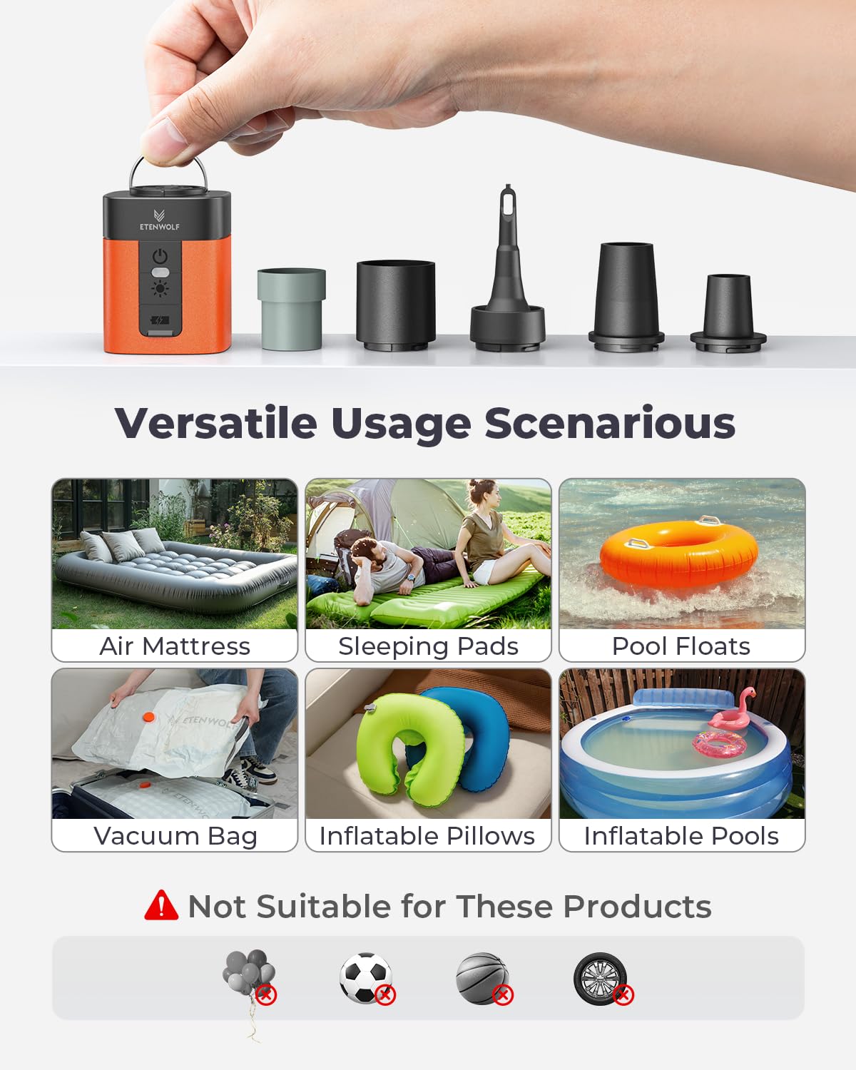ETENWOLF AIR 3 Air Pump for Inflatables with 2600mAh Battery& Camping Light image 6