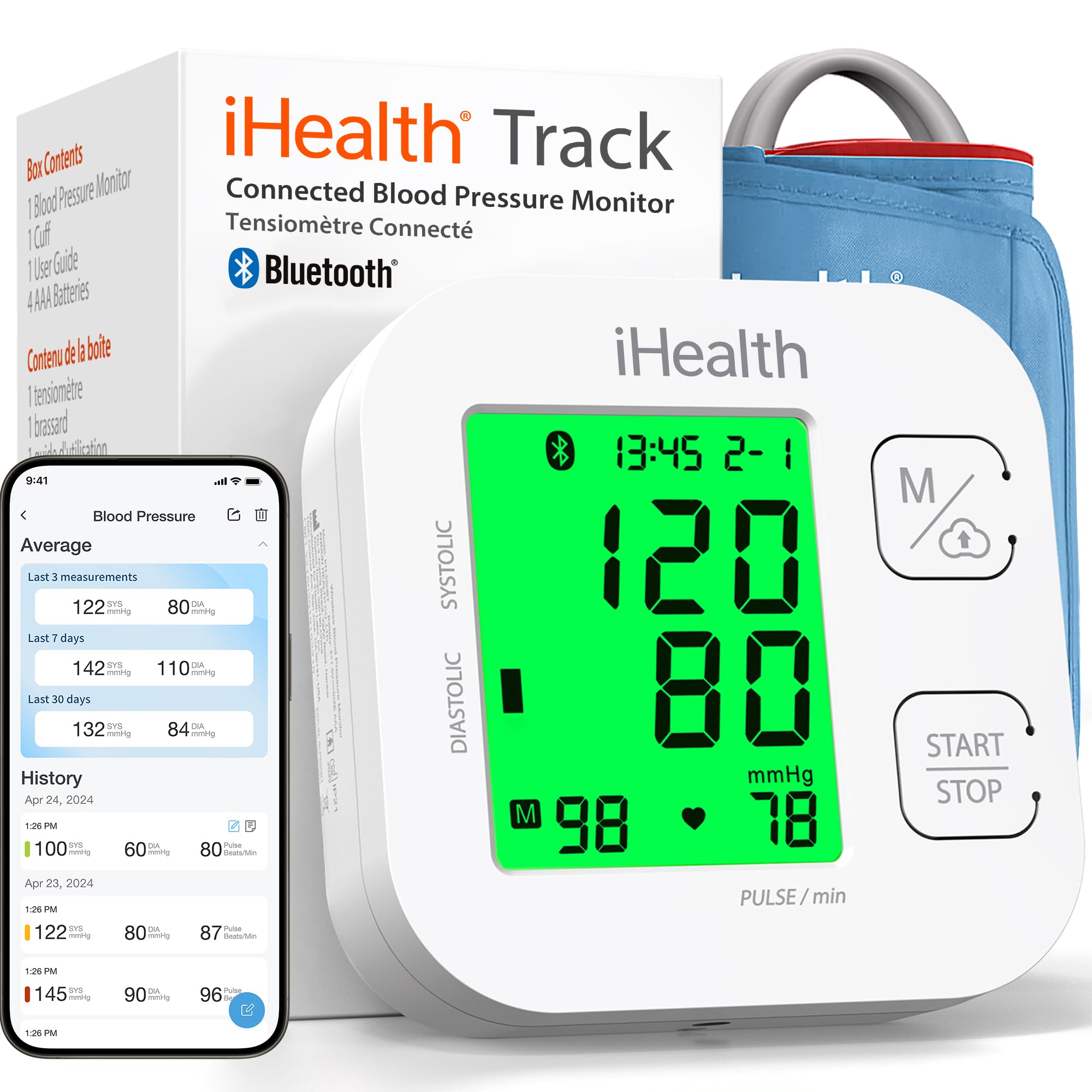 iHealth Track smart upper arm blood pressure monitor, wide-range cuff, digital display
