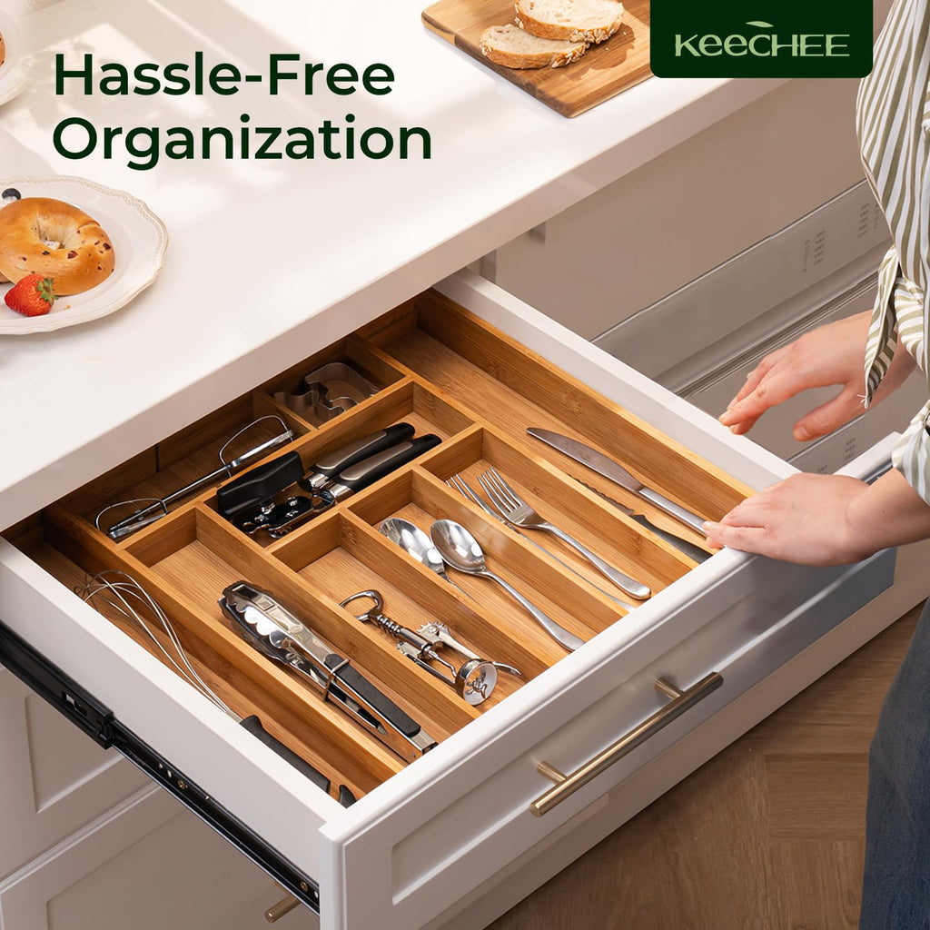 keechee Carbonized Bamboo Kitchen Drawer Organizer, 10 Slots Expandable Silverware Organizer, Utensil Holder & Cutlery Tray, 2.2" Deep for Extra Capacity, Non-Slip Feet Included image 9