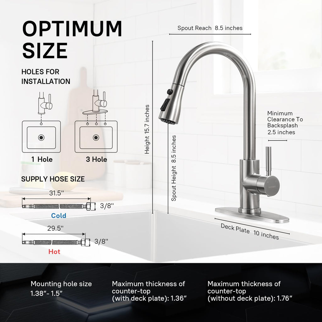 WEWE High-Arc Pull-Down Kitchen Faucet, Brushed Nickel, 3-Mode Sprayer image 3