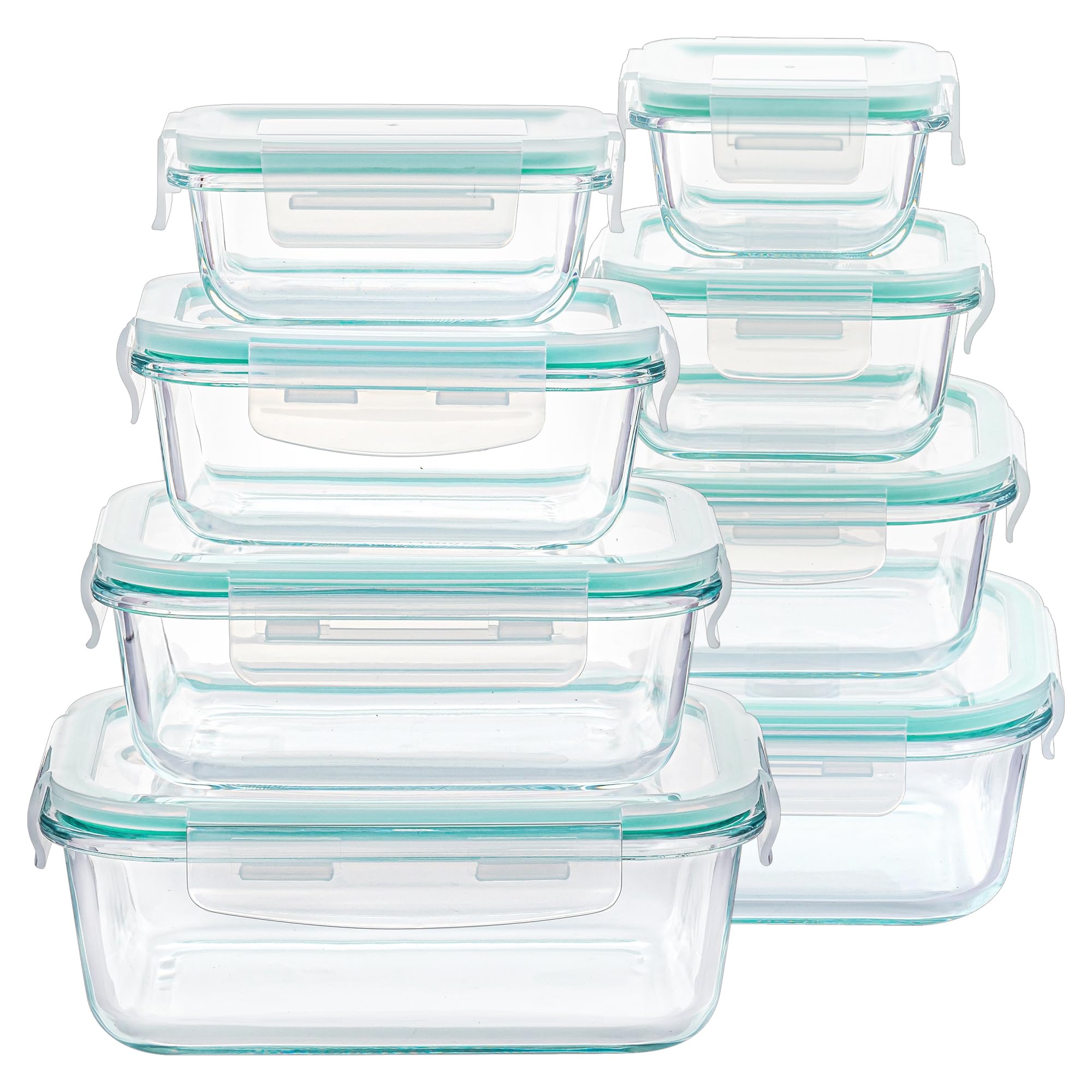 Vtopmart glass food storage containers, airtight lids, assorted sizes on countertop