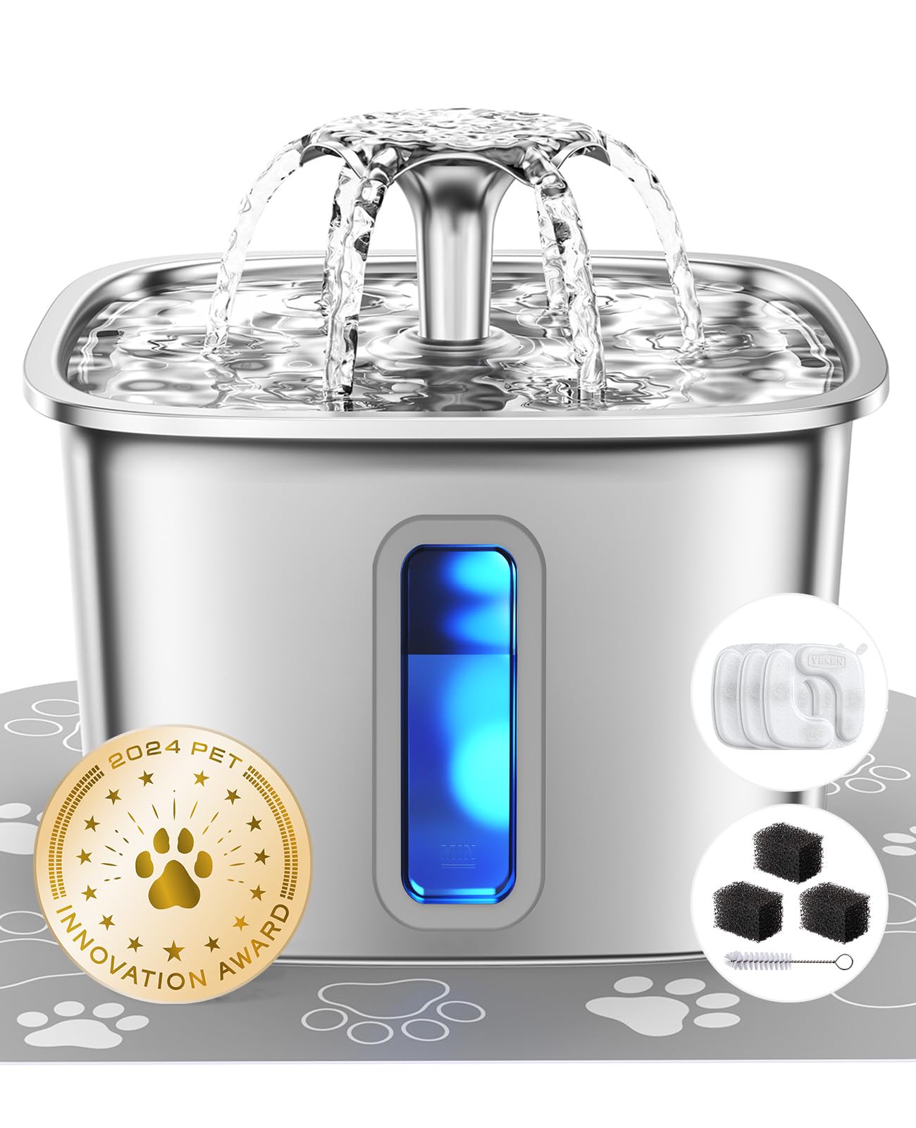 Veken stainless steel cat water fountain 108oz with flowing water