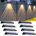 Black LIANGLOME solar fence light mounted on wooden fence showing illuminated LED panel