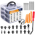Assortment of GOOACC nylon car push retainer clips, fender rivets and cable ties on white background