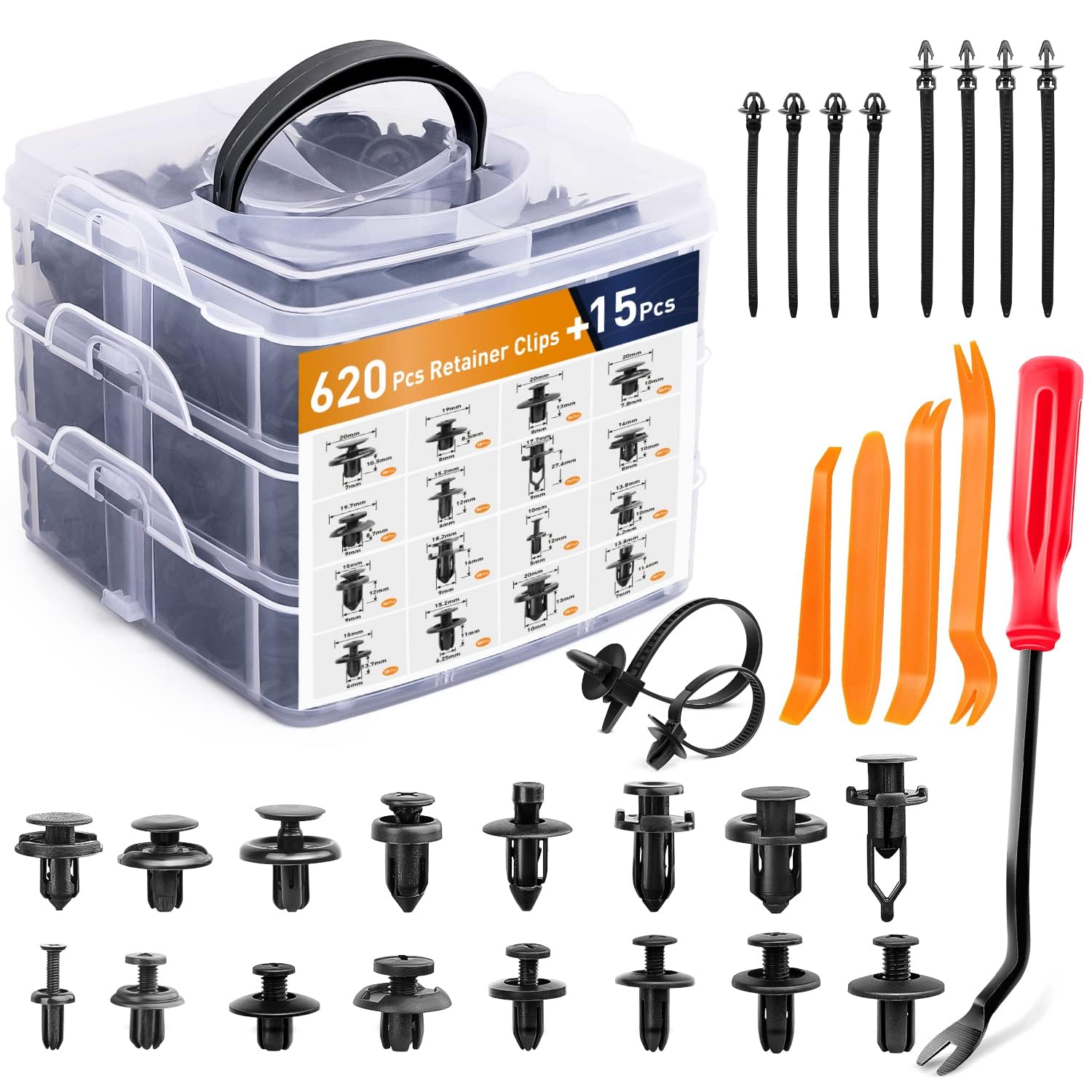 Assortment of GOOACC nylon car push retainer clips, fender rivets and cable ties on white background