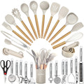 35-piece silicone kitchen utensils with wooden handles arranged on countertop