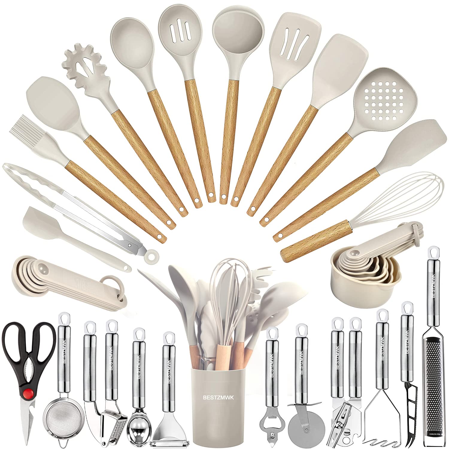 35-piece silicone kitchen utensils with wooden handles arranged on countertop