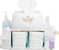 Green white Munchkin diaper change organizer featuring multiple pockets, compartments