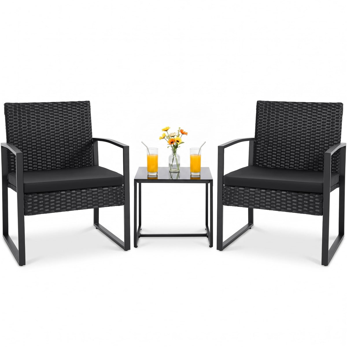 Black Flamaker 3-piece outdoor wicker bistro set with two chairs and round table