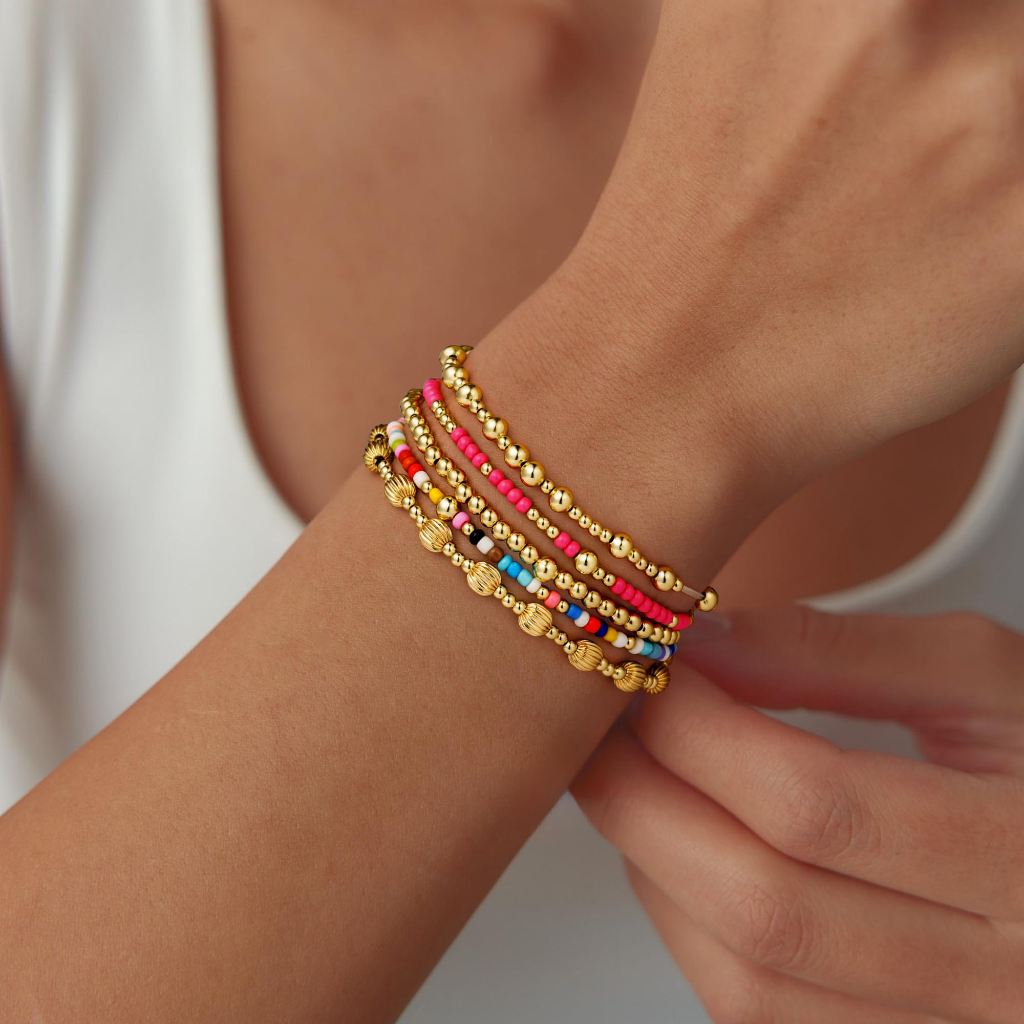 Turandoss 5PCS Gold Beaded Bracelets for Women, Dainty 14K Gold Plated image 2