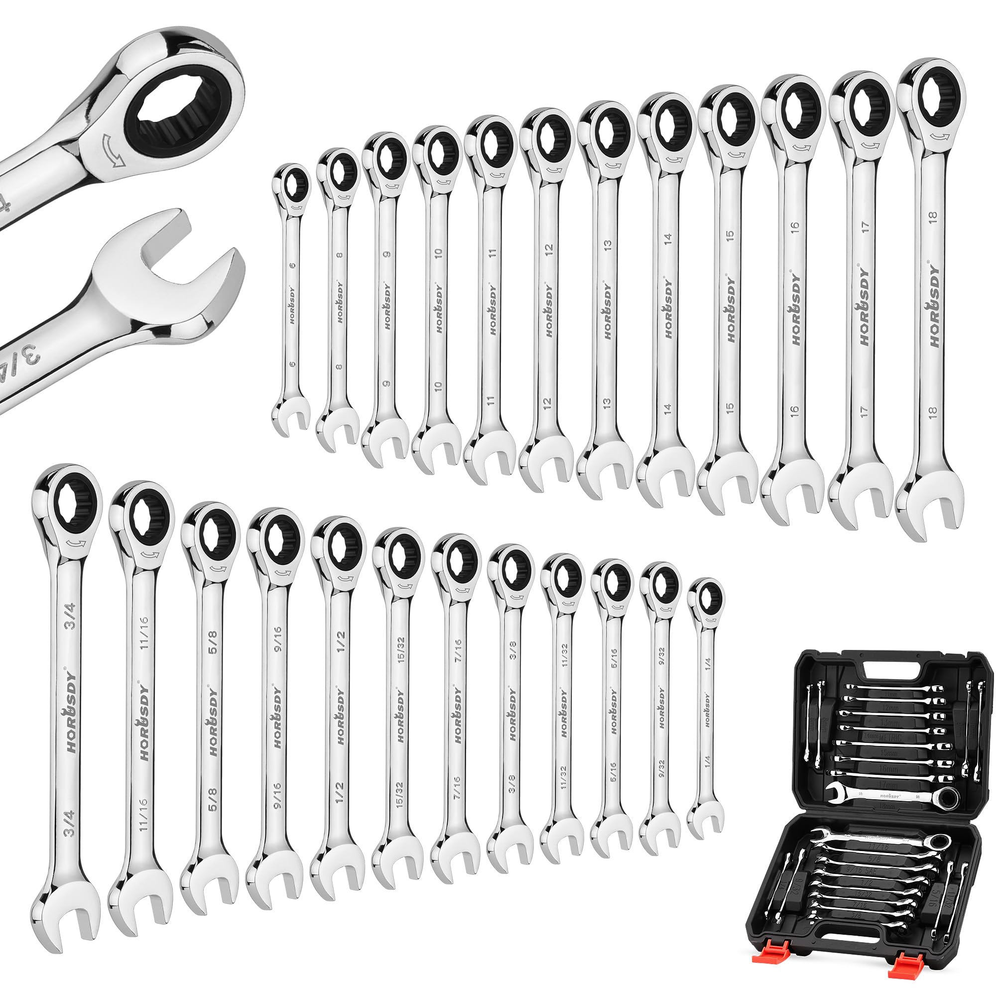 HORUSDY 24-piece ratcheting combination wrenches in organizer tray, chrome vanadium finish