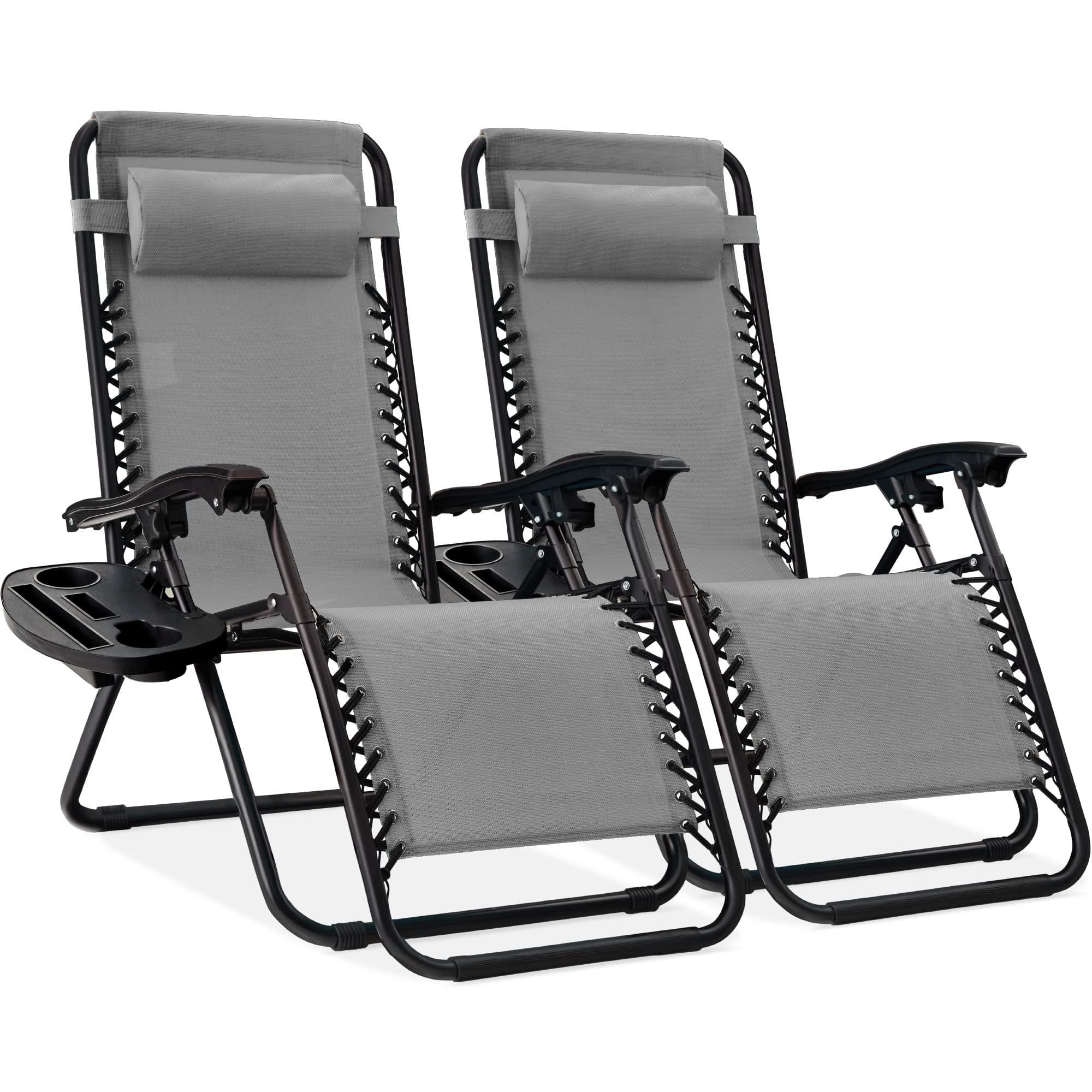 Ice gray adjustable steel mesh zero gravity lounge recliner chair with pillow and cup holder tray