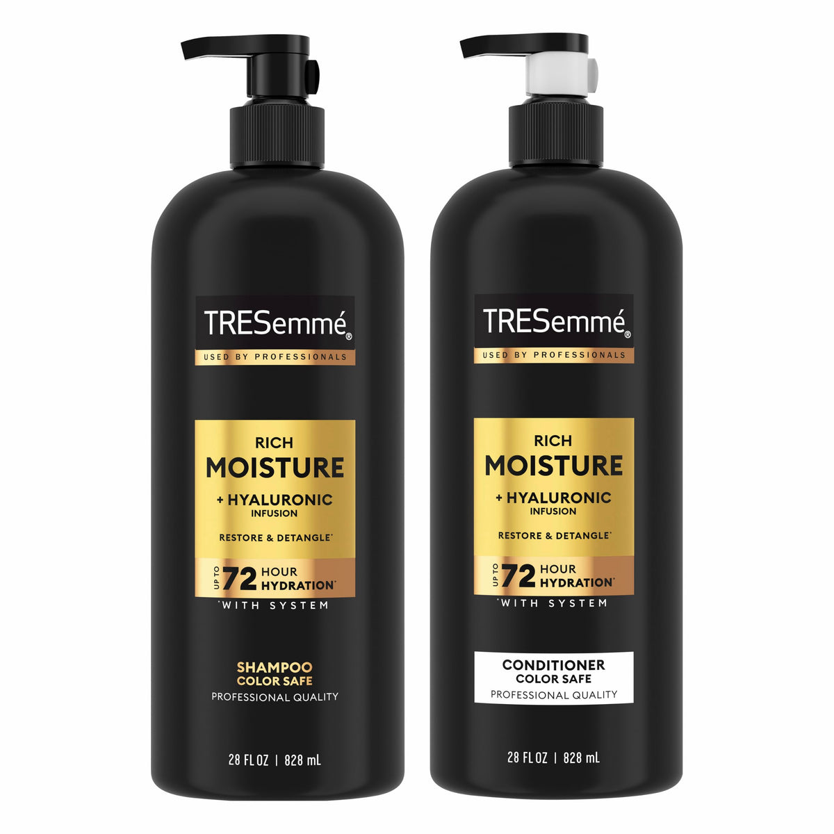 Two 28 oz TRESemmé Rich Moisture Hydrating bottles, shampoo and conditioner