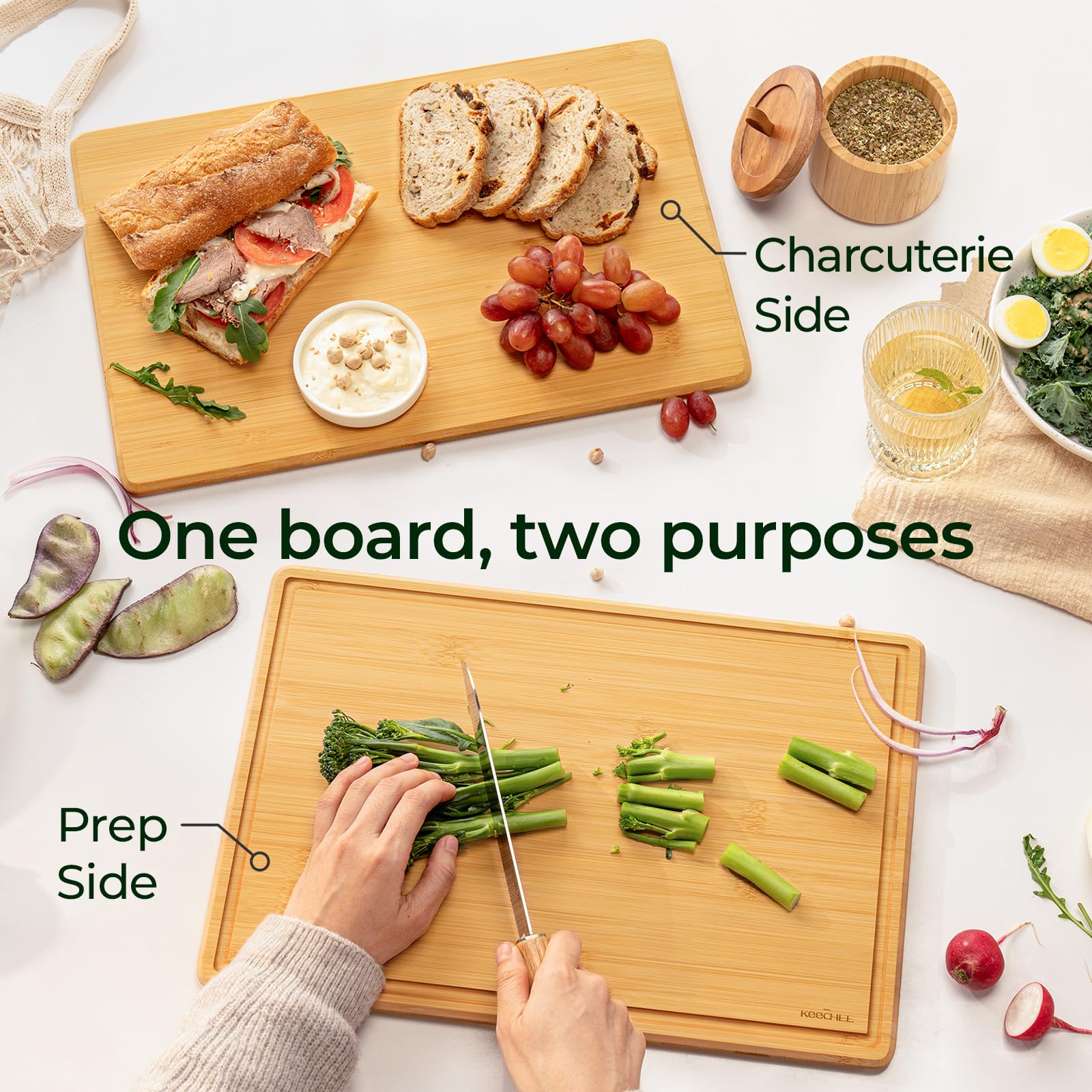 Keechee 2Pcs Cutting Board with Non-slip Mat, Cutting Boards for Kitchen Meal Prep & Serving - Serving Board Sets with Deep Juice Groove Ideal Kitchen Gifts image 6