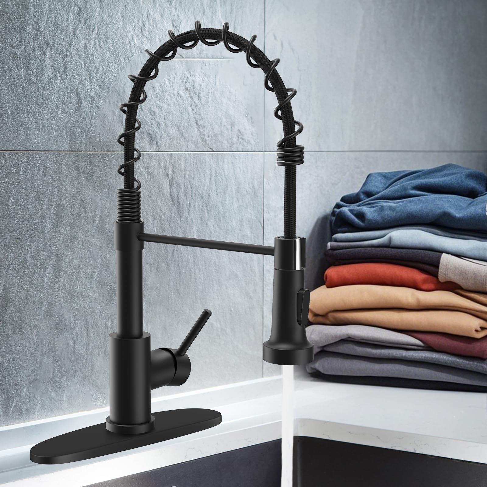 WEWE Black Kitchen Faucet with Pull Down Sprayer, High Arc Bar Sink Faucet image 8