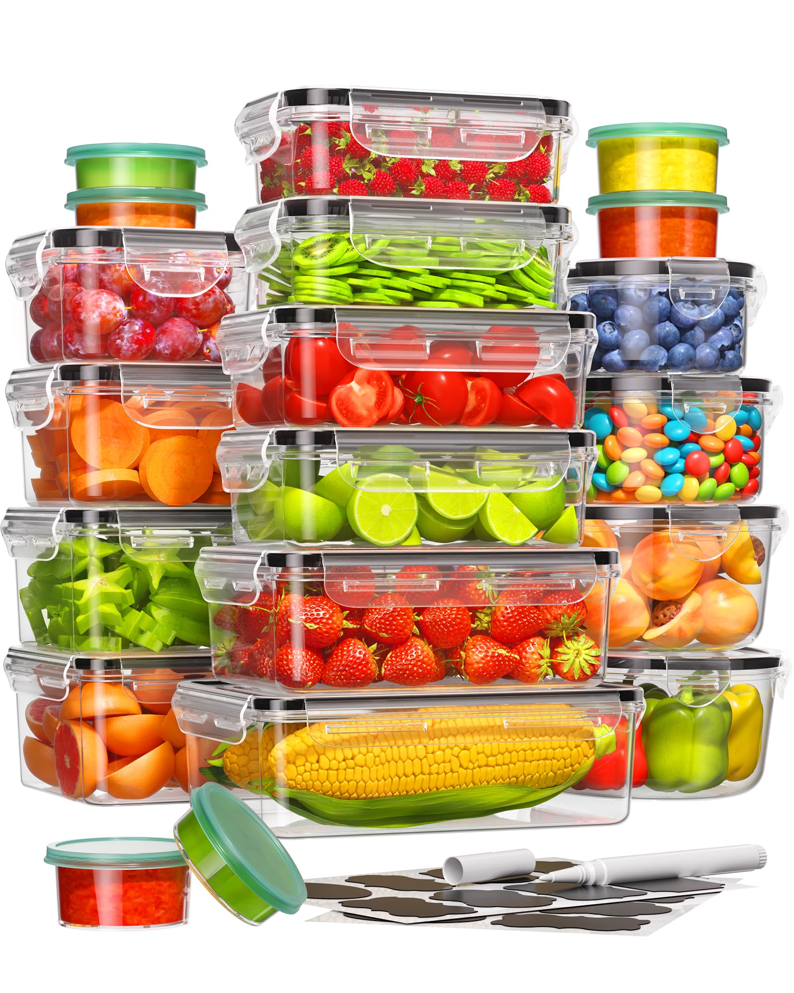 Canfanni clear plastic food storage containers, assorted lids, stacked