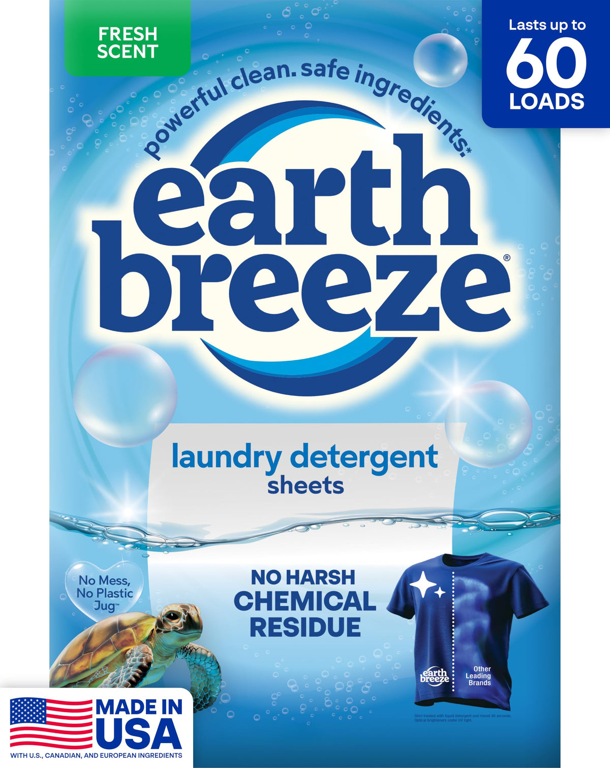 Box of Earth Breeze Fresh Scent laundry detergent sheets labeled 60 loads