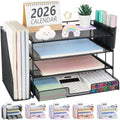 Black OPNICE 4-tier desk file organizer with drawer and pen holders on office desk
