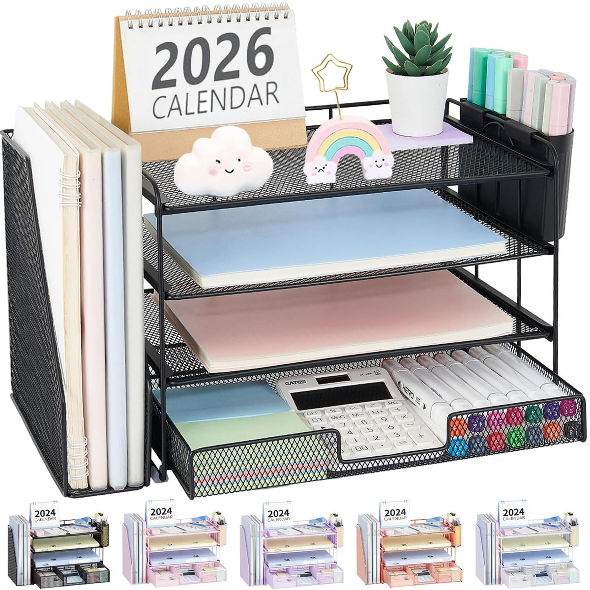 Black OPNICE 4-tier desk file organizer with drawer and pen holders on office desk