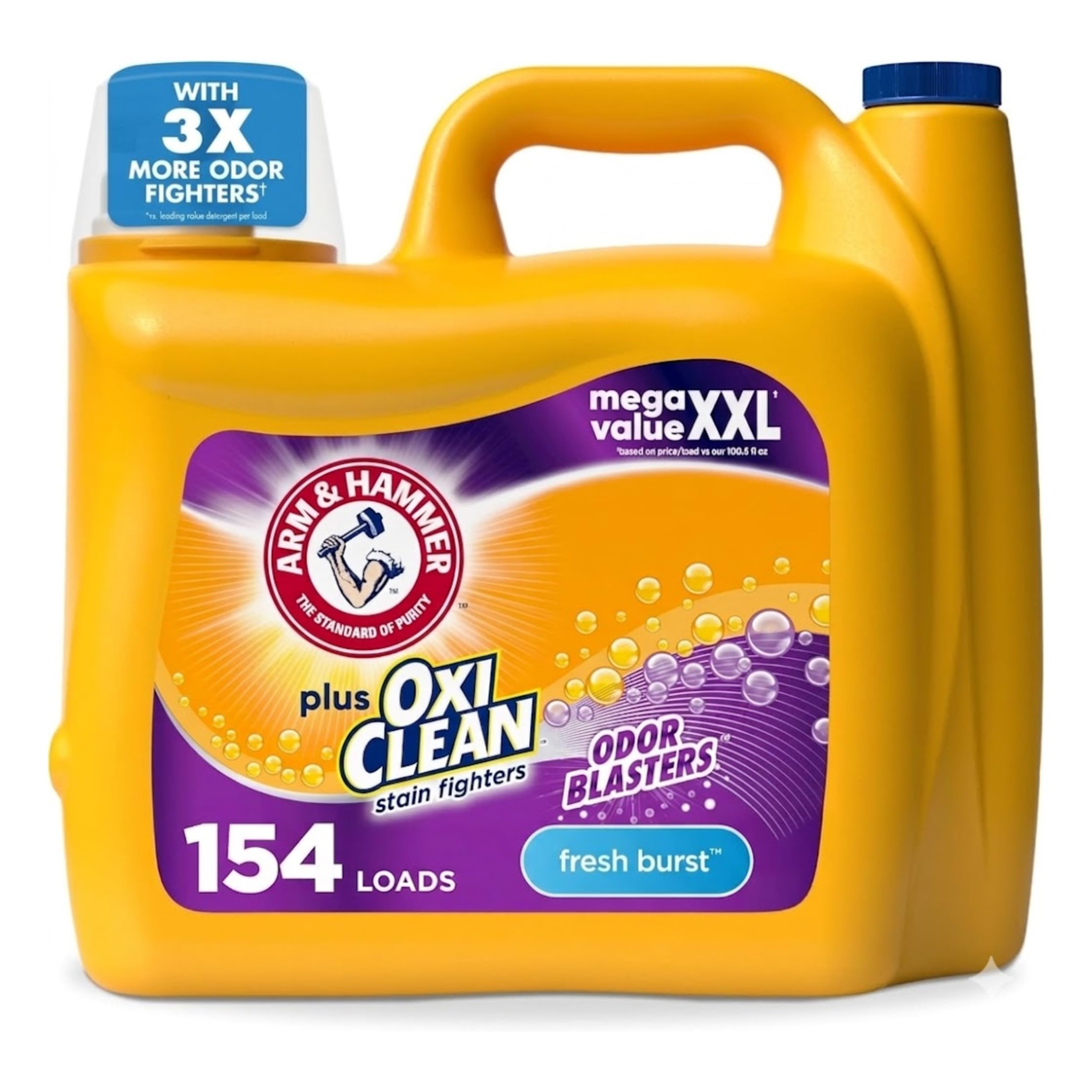 Bottle of Arm & Hammer Plus OxiClean Odor Blasters liquid laundry detergent showing front label