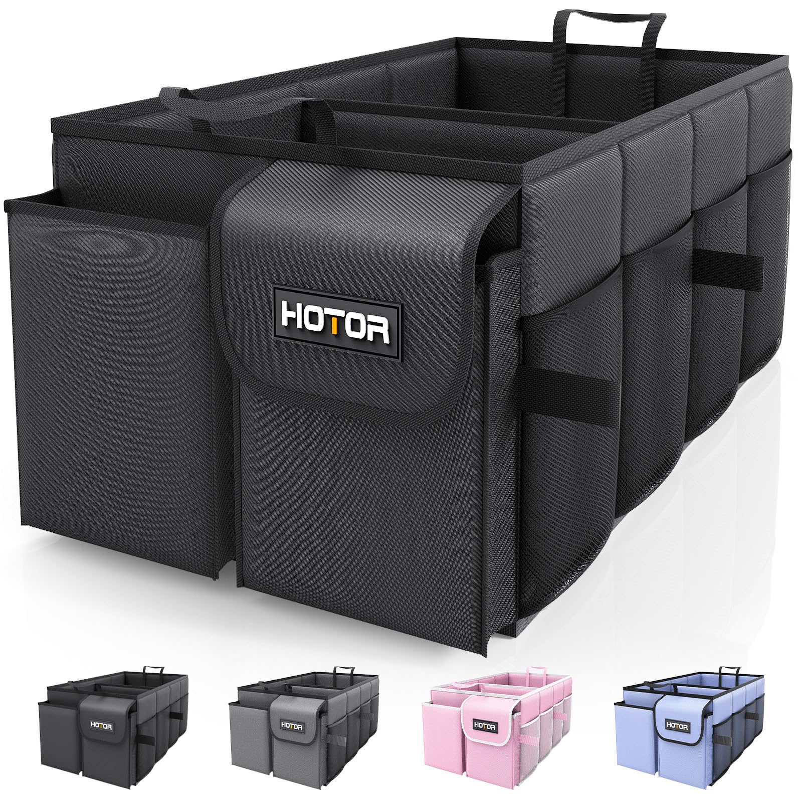 HOTOR foldable trunk organizer open in car trunk showing multiple compartments