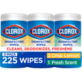 Three Clorox disinfecting wipes canisters, 75-count each, variety labels