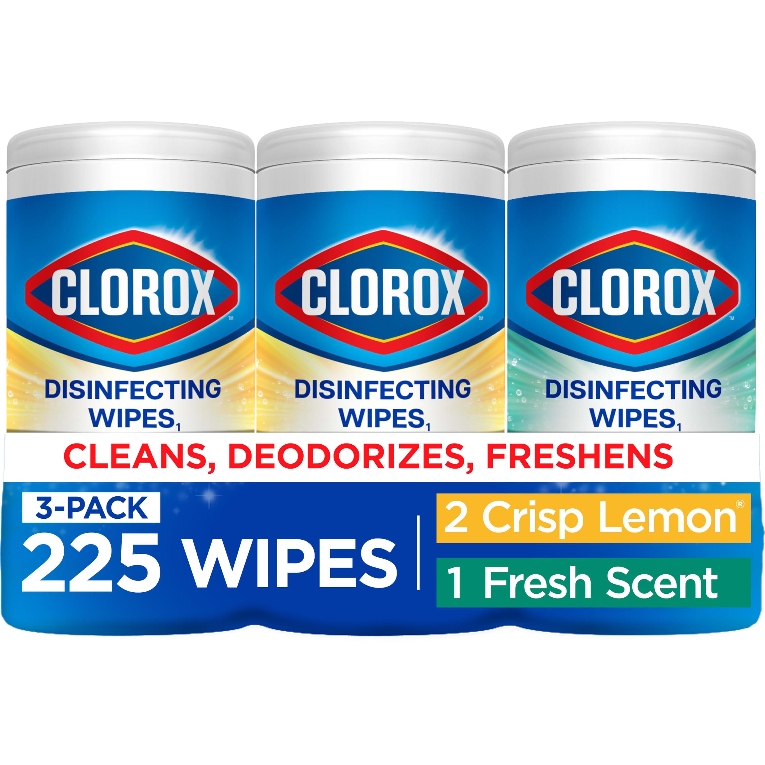 Three Clorox disinfecting wipes canisters, 75-count each, variety labels